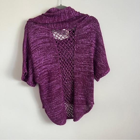 BKE Y2K Shimmer Knit Cowl Neck Top Fishnet Detail Purple Size Small - Picture 6 of 12